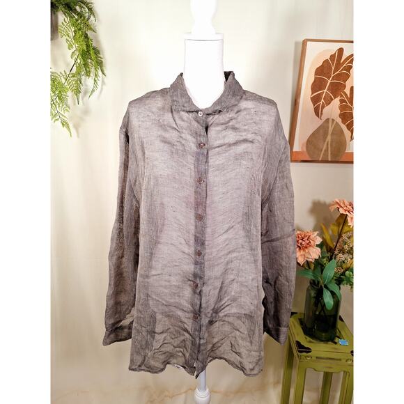 Eileen Fisher Tops - Eileen Fisher New York Women's Gray Sheer Button-Up Long-Sleeved Blouse Large